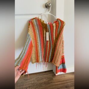 Bluivy Boho Frayed Open Weave Cropped Sweater - Multi Color Size M Striped